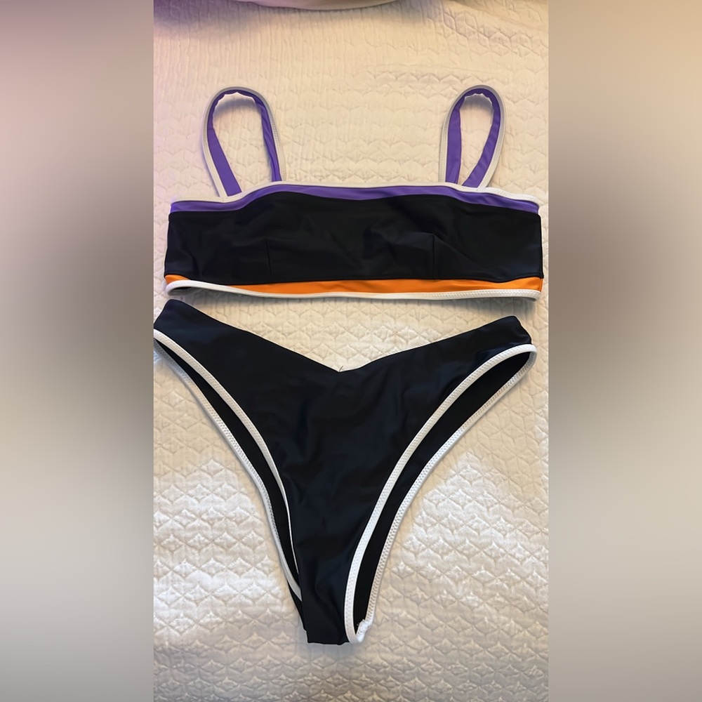 Rip Curl Black Bikini with Purple Trim and Orange Accent